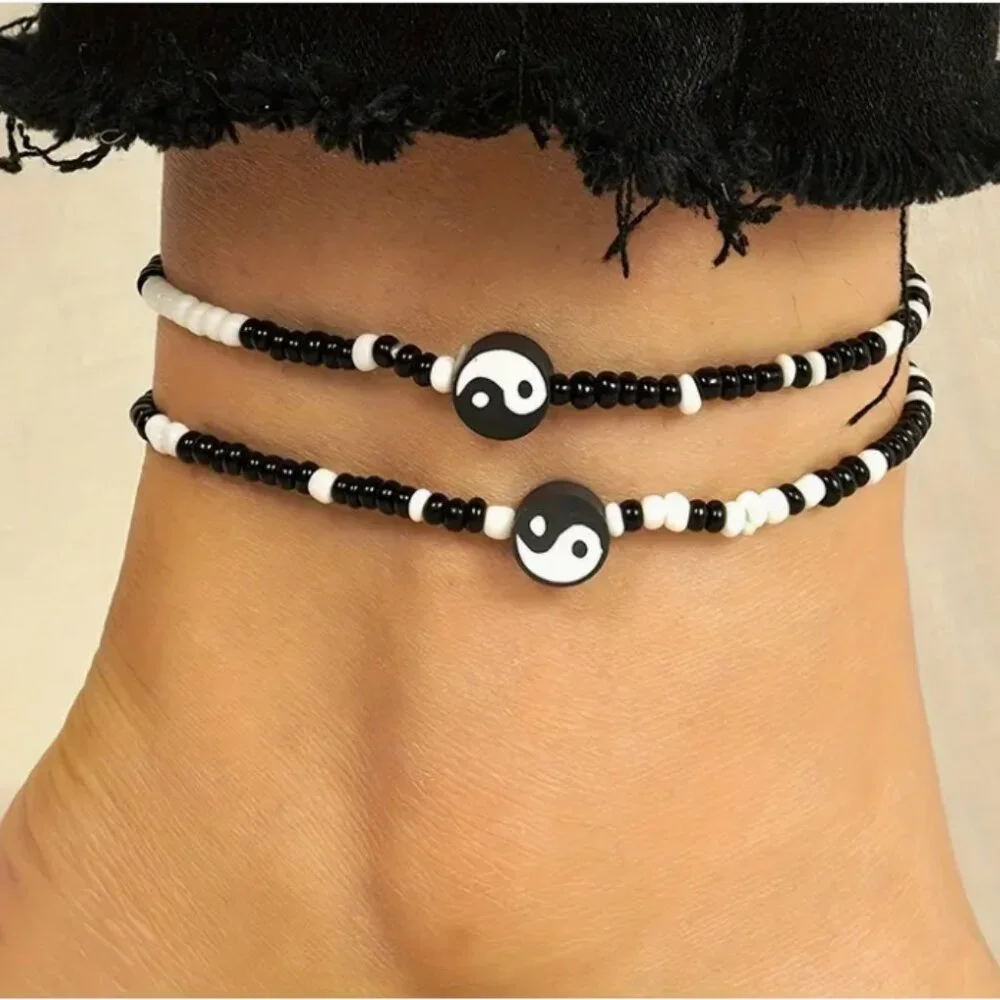 New 2-Piece Unique Yin Yang Beaded Anklet Jewlry - Picture 1 of 1